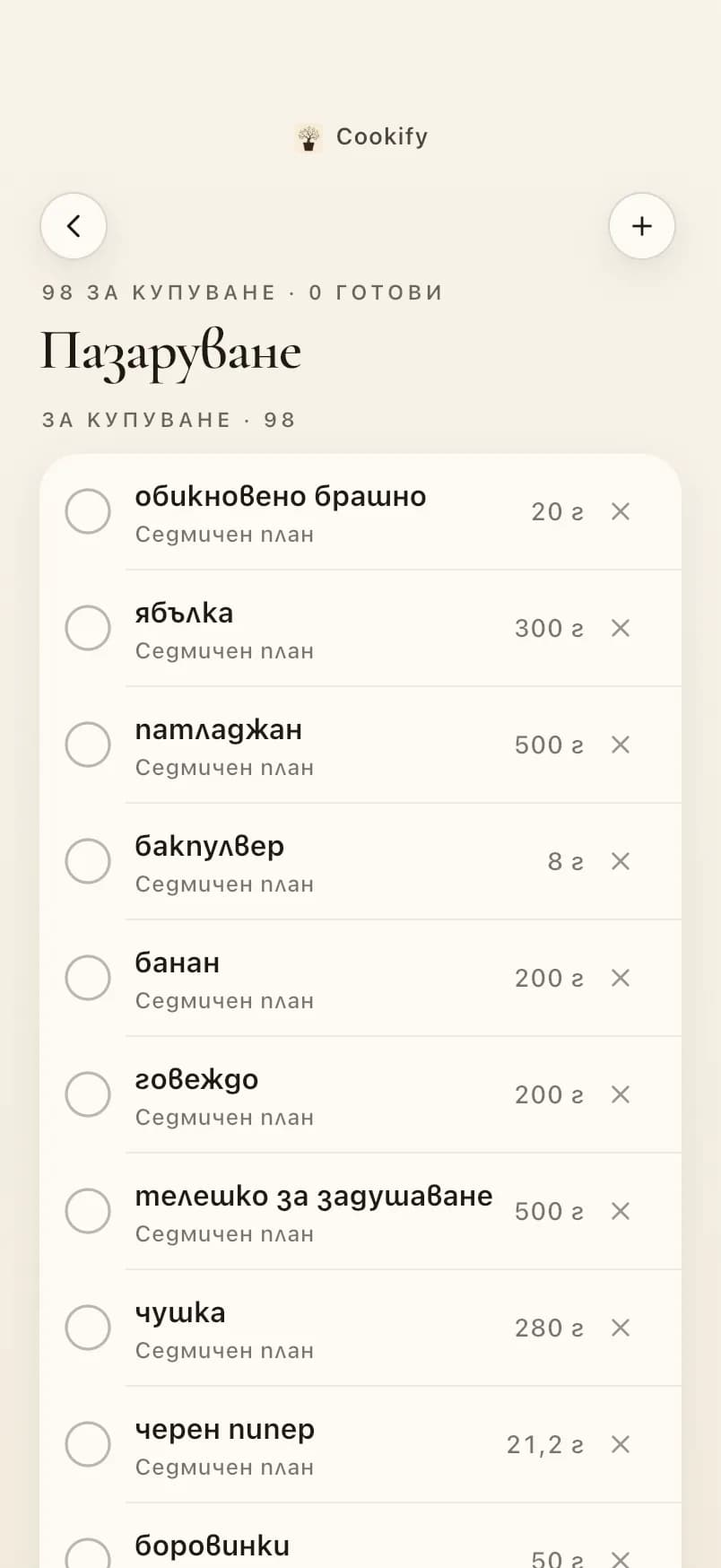 Списъкът за пазаруване с количества.